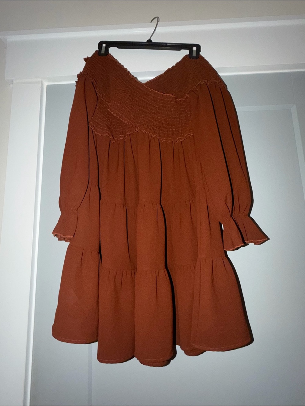 Smocked Tiered Mini Dress in Rust medium.  Country concert dress